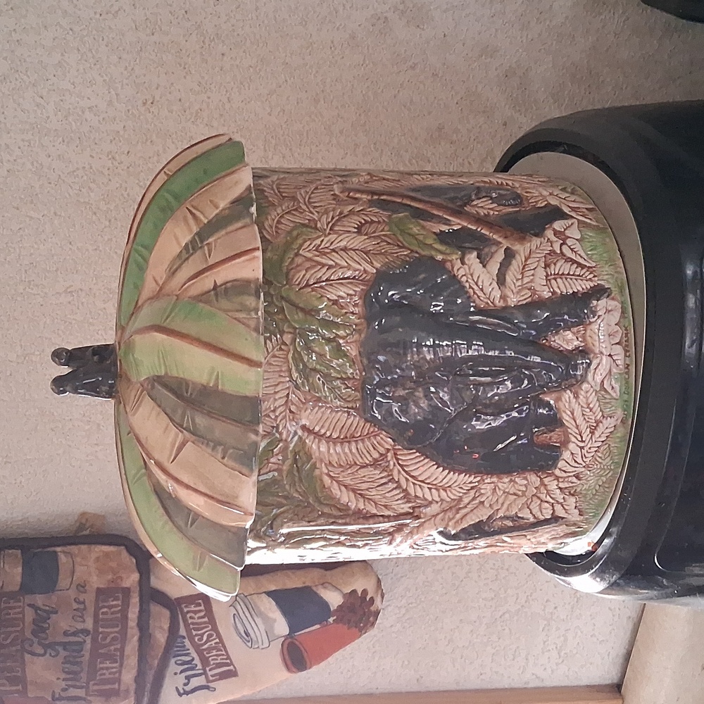 Tropical Elephant Food Storage Jar With  2 Monkey's Sitting On Lid.